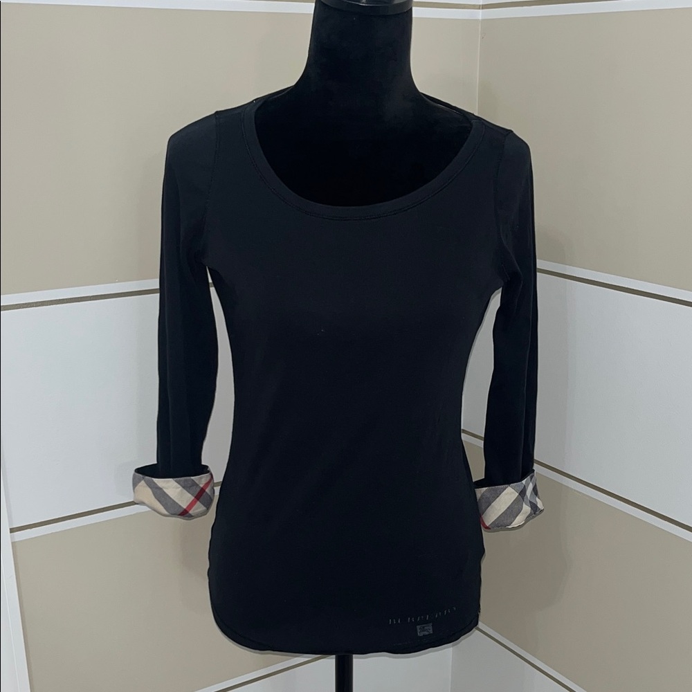 Burberry Black Long-Sleeve Scoop Neck Top with Signature Plaid Cuff